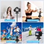 Fugetek 62" Professional Cell Phone Tripod, Ultra Stable 4 Leg Design, Bluetooth Remote, 100% All Aluminum Stick & Legs, Portable All in One, 360° Phone Mount with 2 Cold Shoe Slots, Non Skid Feet - Image 7