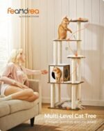 Feandrea Cat Tree, 64.6-Inch Modern Cat Tower, Multi-Level Condo with 5 Scratching Posts, Perch, Washable Removable Cushions, Cave, Rustic Brown UPCT166X01 - Image 3