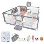 Playpen for Babies and Toddlers,73"x71"Baby Playpen with Mat Indoor＆Outdoor with Breathable Play Pen with Ocean Balls Hanging Pocket Basketball Hoop and Football Goal (Grey with Mat, 73"x71") - Image 2