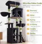 Globlazer 70in Large Multi-Cat Tree Tower, 3 Condos, F70F, Dark Grey | Multi-Level Tower, Stable Double-layer Low-gravity Condos, Enlarged Removable Perch, 7 Scratching Posts & Ramp, Metal Basket - Image 7