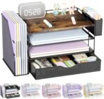Wood Desk Organizers and Accessories with File Sorters, 4-Tier Desk Accessories & Workspace Organizers with Drawer and Pen Holder, Desk Reference Organizer (Wood, 4T with Drawer) - Image 2
