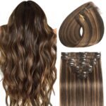 Clip in Hair Extensions Real Human Hair Dark Brown Highlights for Women | Seamless, Balayage, 100% Human Hair Extensions Clip ins, Clip on Hair Extensions, Invisible Straight Double Weft 16" 90g - Image 2