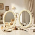 Oval Pearl and Crystal Decorative Makeup Mirror(white1) | Elegant White Faux Pearl Embellished Frame ，8“ L x 6.1” W - Image 7