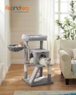 Feandrea Cat Tree, 37.8-Inch Cat Tower, Multi-Level Condo with Widened Perch, Scratching Posts and Ramp, 2-Door Cave, Hammock, Light Gray UPCT51W - Image 3
