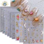 Sun Nail Stickers Decals 9 Sheets Bohemian Style Nail Art Stickers 5D/3D Embossed Self Adhesive Moon Star Heart Flame DIY Metallic Designs Gothic Decoration Supplies Nail Accessories for Women - Image 2