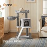 Feandrea Cat Tree, 37.8-Inch Cat Tower, Multi-Level Condo with Widened Perch, Scratching Posts and Ramp, 2-Door Cave, Hammock, Light Gray UPCT51W - Image 4