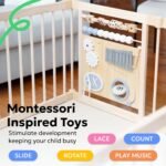 Miotetto Baby Playpen, Wooden Playpen for Babies and Toddlers, Foldable Fence with Montessori Activity Panel, Storage Basket & Gate, Portable, Easy to Assemble Baby Play Pen Natural Wood Playyard - Image 5