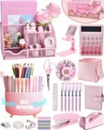 LXEVIHK 21Pcs Pink Desk Organizers and Accessories With Mesh Desk Organizer and 360°Rotating Pen Holder and a Lot of Office Pink Office Supplies Beautifully Presented in a Gift Box - Image 2