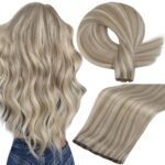 Full Shine 22 Inch Human Hair Weft Sew In Hair Extensions Real Human Hair Hand Tied Hair Extensions Color Ash Blonde Highlight Bleach Blonde Bundles Straight Human Hair 60G - Image 2