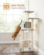Feandrea Cat Tree, 56.3-Inch Modern Cat Tower, Multi-Level Plush Condo with Scratching Posts, Hammock, Washable Cushion, Heather Greige UPCT164G01 - Image 10