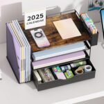 Wood Desk Organizers and Accessories with File Sorters, 4-Tier Desk Accessories & Workspace Organizers with Drawer and Pen Holder, Desk Reference Organizer (Wood, 4T with Drawer) - Image 7