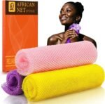 UJFQBH 3 Pieces African Bath Sponge African Net Long Net Bath Sponge Exfoliating Shower Body Scrubber Back Scrubber Skin Smoother,Great for Daily Use (Pink,Yellow,Purple) - Image 2