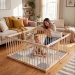 Miotetto Baby Playpen, Wooden Playpen for Babies and Toddlers, Foldable Fence with Montessori Activity Panel, Storage Basket & Gate, Portable, Easy to Assemble Baby Play Pen Natural Wood Playyard - Image 2